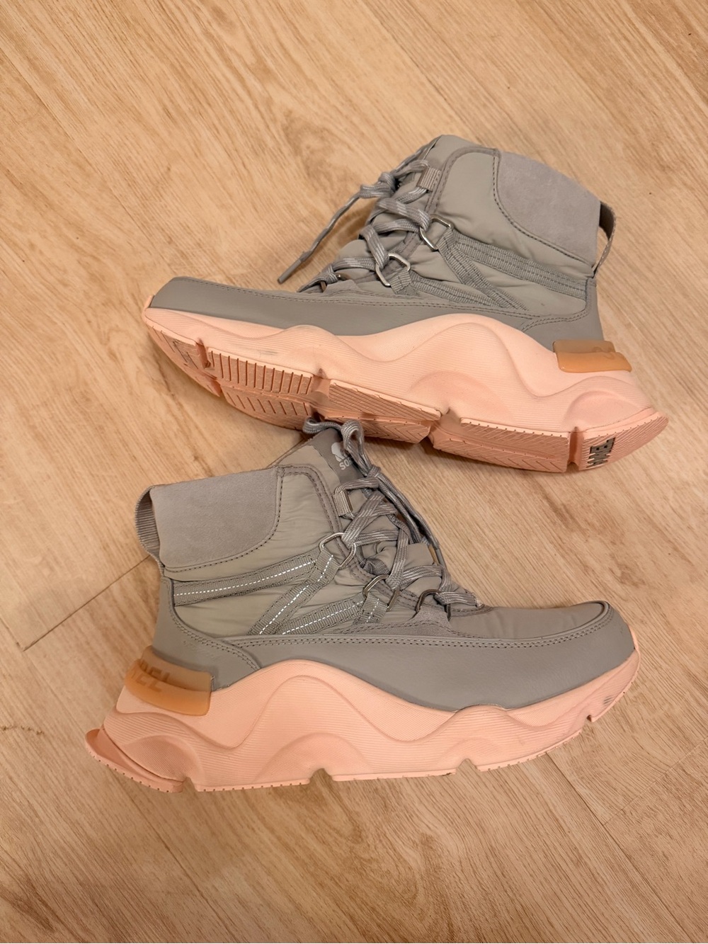 Sorel Gray and Pink Lace-Up Platform Hiking Boots